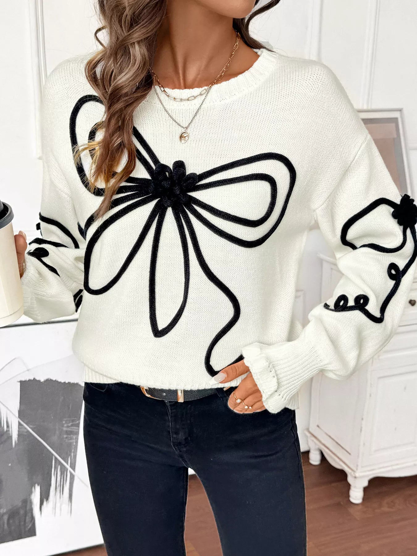 Bow Pattern Long Sleeve Sweater
