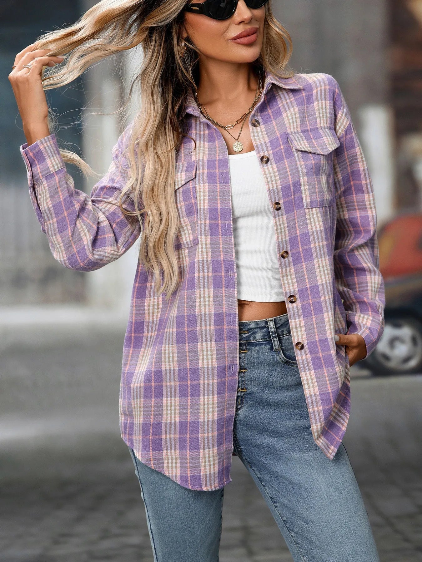 Plaid Button-Down Oversized Shirt Trendsi