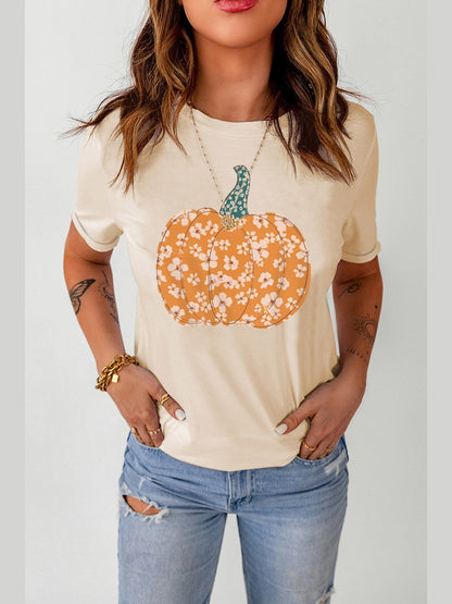 Pumpkin Graphic Round Neck Cuffed T-Shirt nicholesgifts
