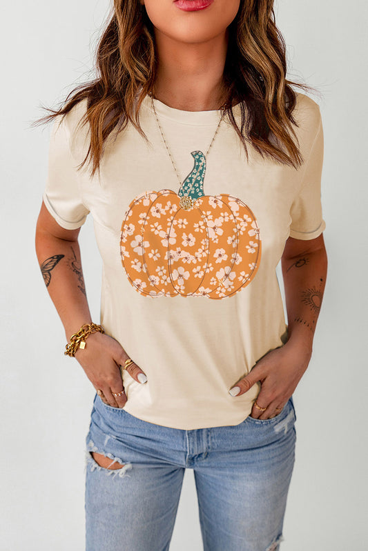Pumpkin Graphic Round Neck Cuffed T-Shirt NicholesGifts