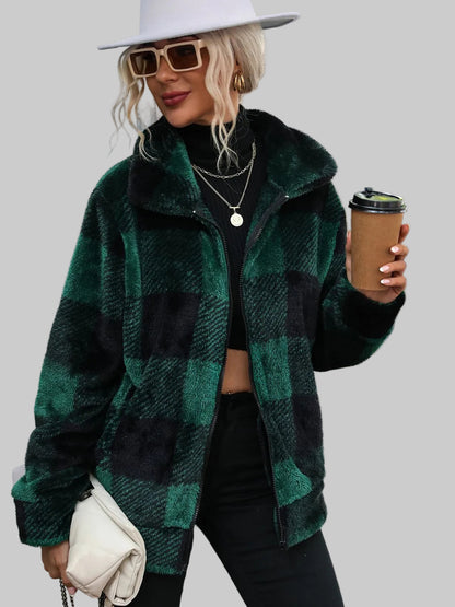Women Plaid Zip-Up Collared Jacket nicholesgifts