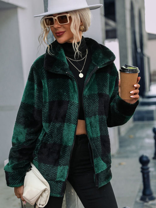 Plaid Zip-Up Collared Jacket NicholesGifts