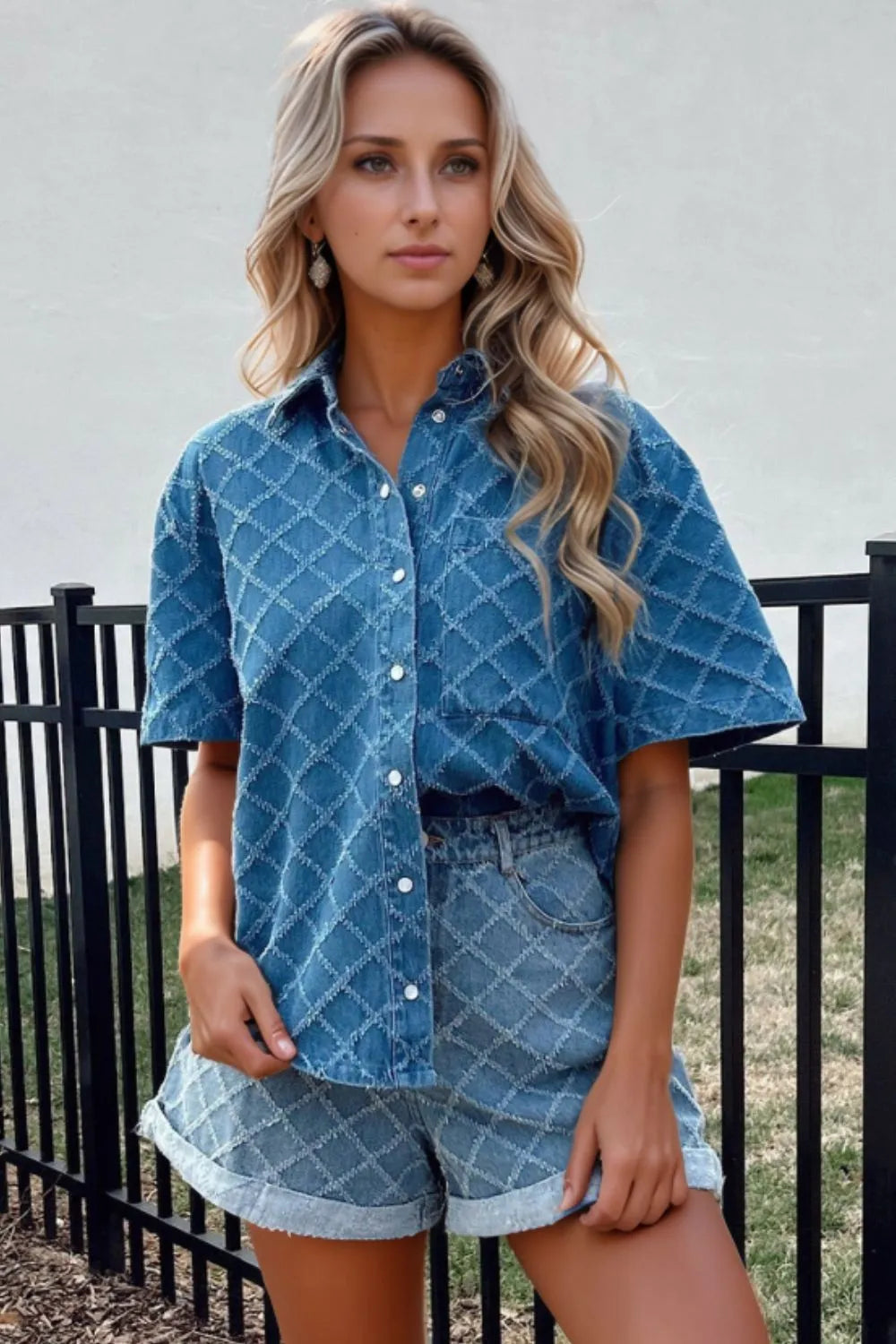 Pocketed Collared Neck Short Sleeve Denim Shirt Trendsi