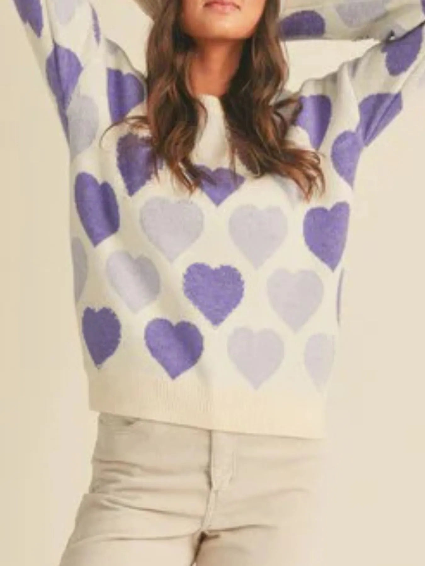 Women Heart Ribbed Hem Long Sleeve Sweater For Valentine's Day Gift For Her nicholesgifts