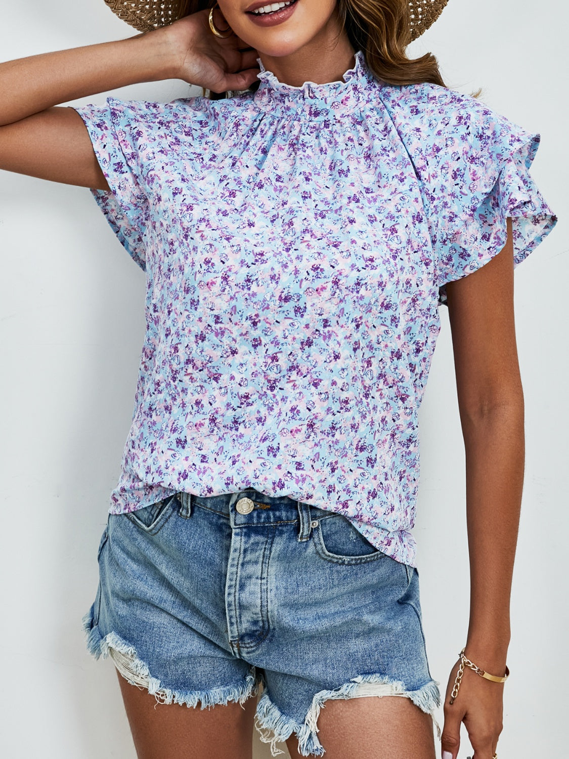 Ditsy Floral Mock Neck Flounce Sleeve Blouse nicholesgifts