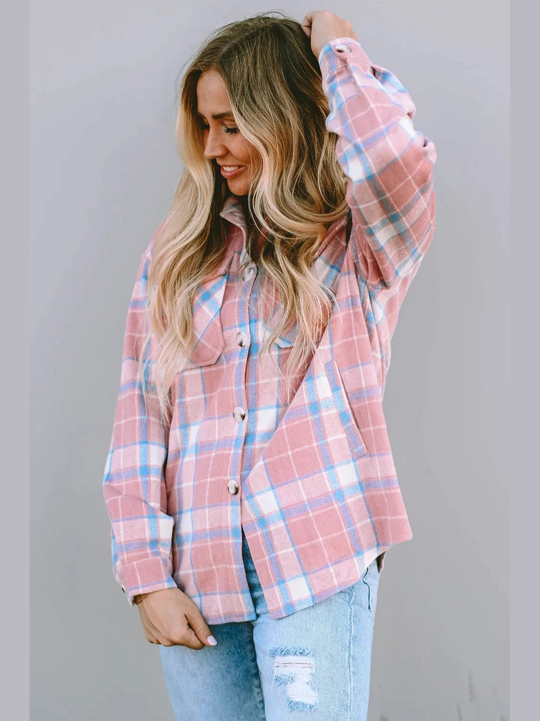 Plaid Pocketed Collared Neck Button Up Jacket nicholesgifts