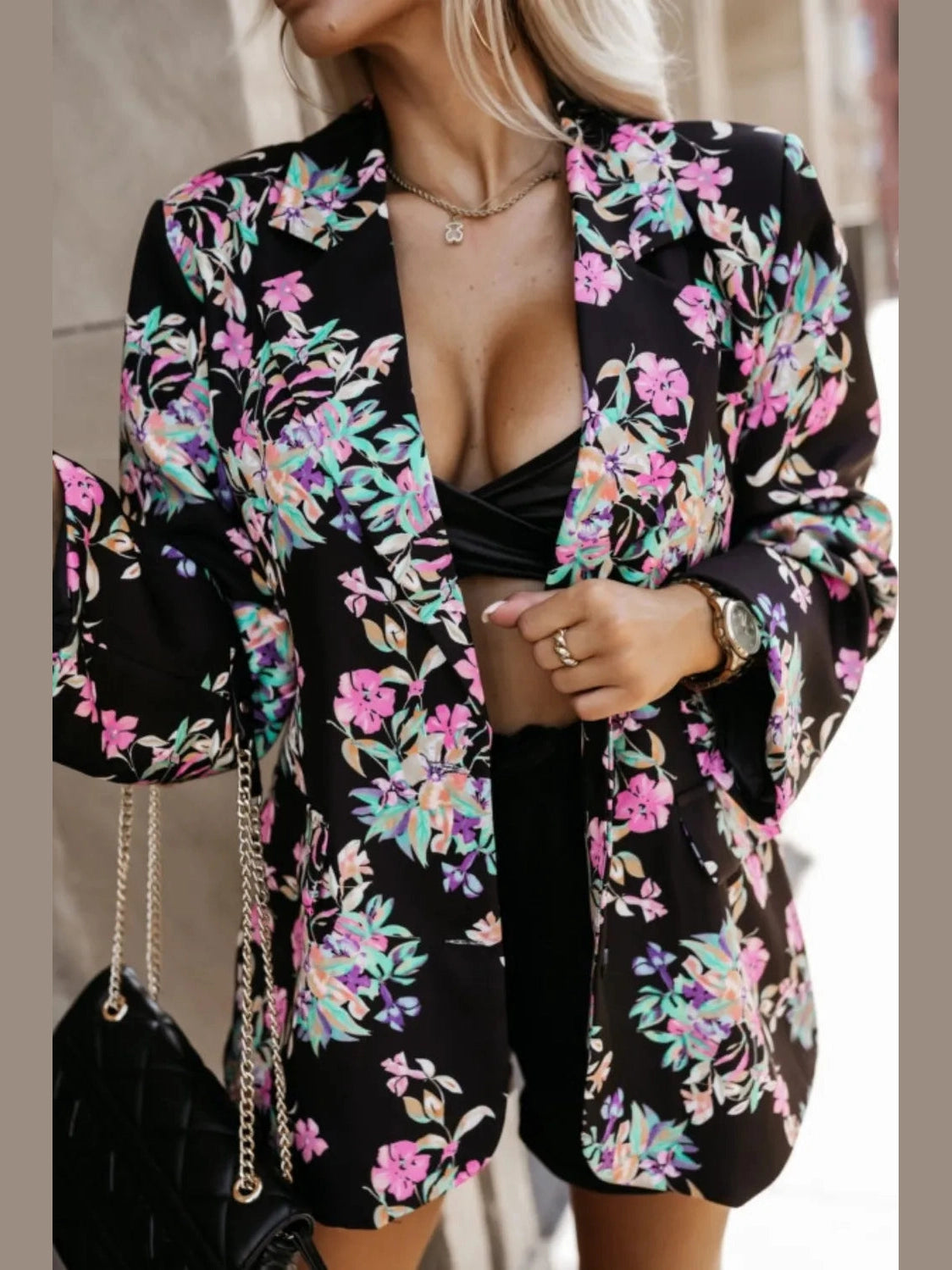 Tied Printed Collared Neck Long Sleeve Jacket Trendsi