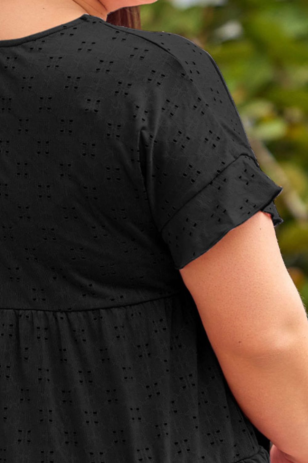 Plus Size Eyelet Round Neck Short Sleeve Blouse nicholesgifts