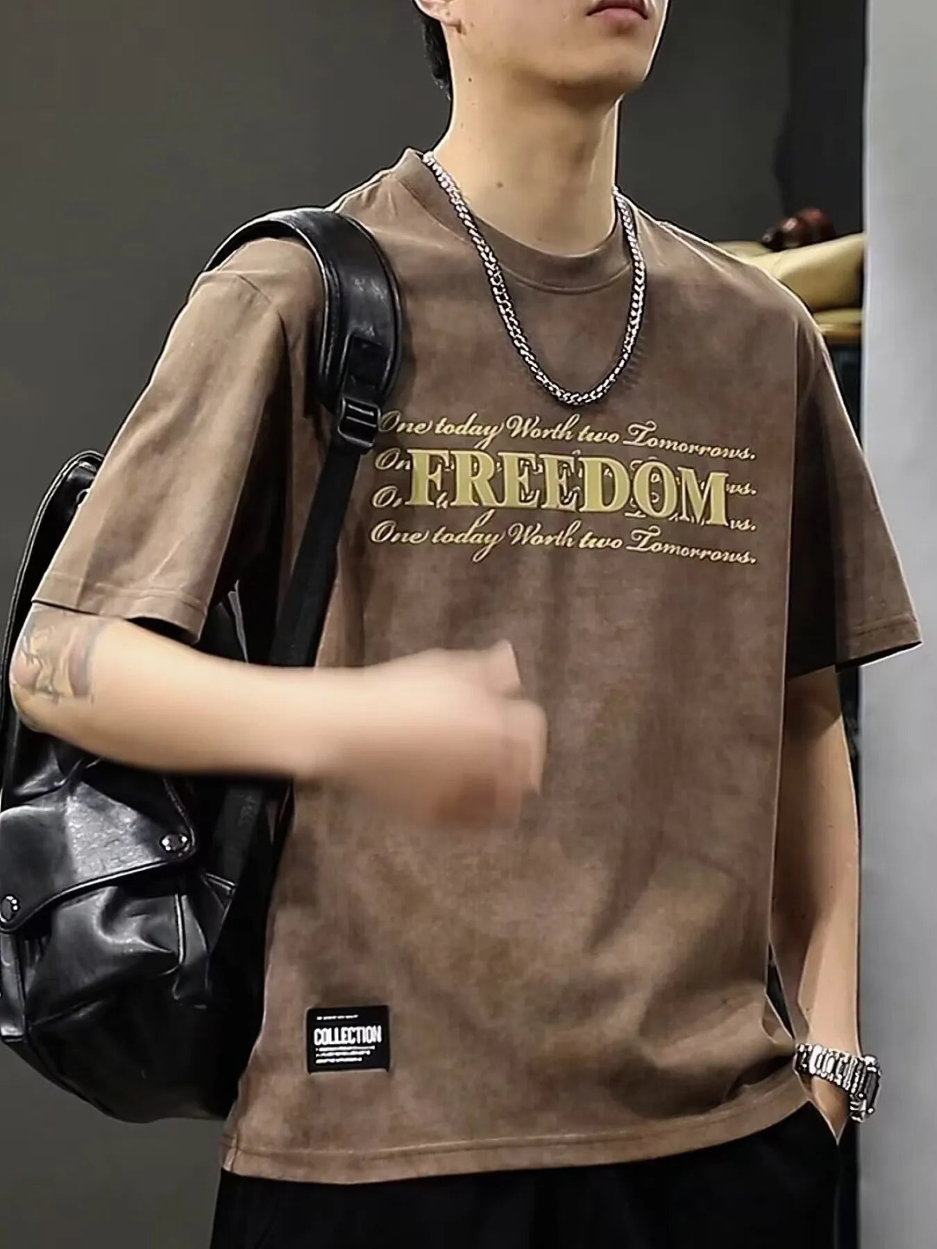 Men's Full Size Freedom Vintage Round Neck T-Shirt Plus Size Trendsi