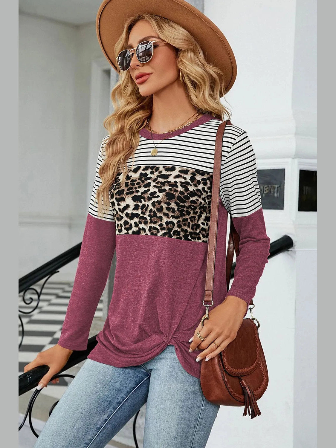 Leopard Striped Round Neck T-Shirt NicholesGifts