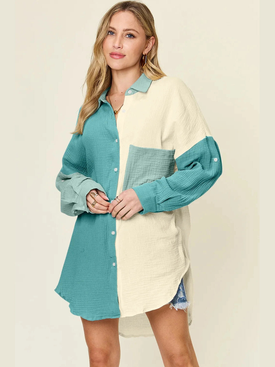 Double Take Full Size Pocketed Texture Button Up Shirt