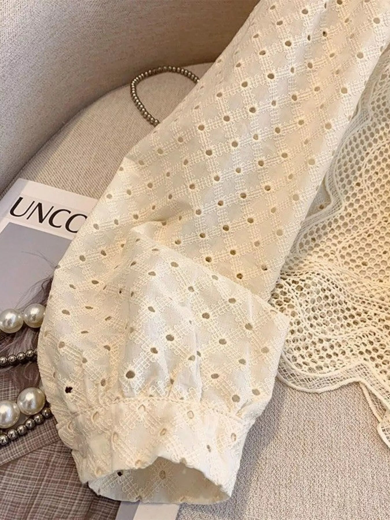 Eyelet Button-Up Shirt with Scalloped Hem