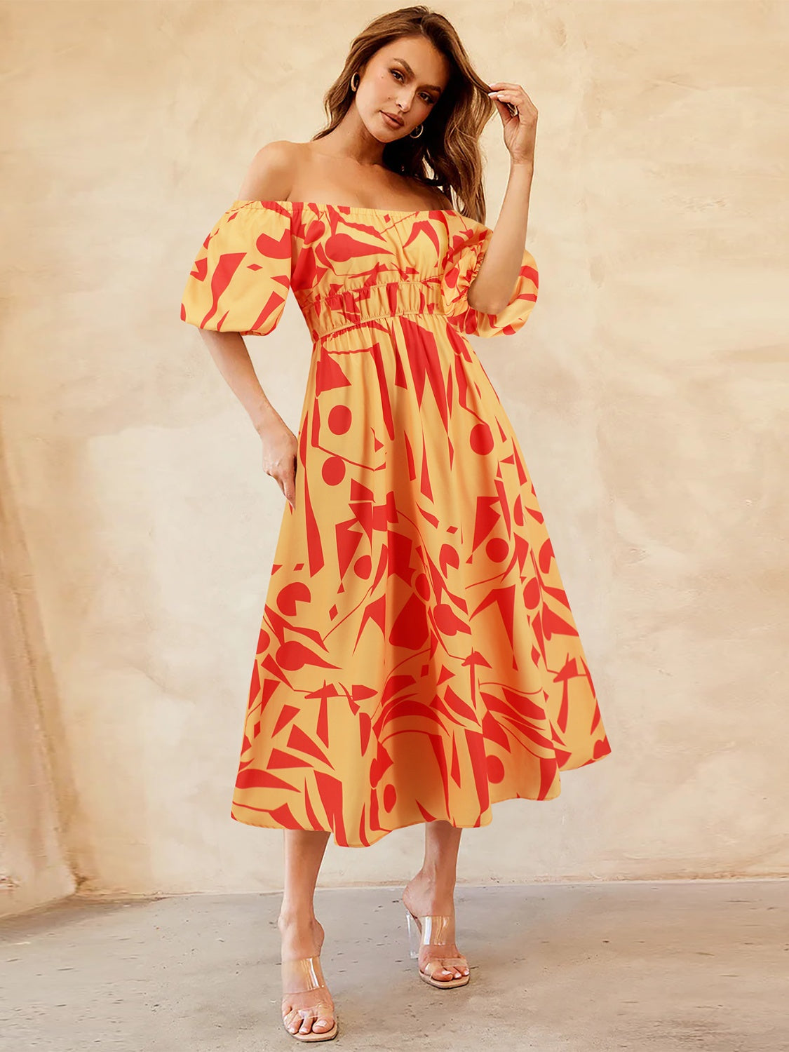 Printed Off-Shoulder Balloon Sleeve Dress nicholesgifts