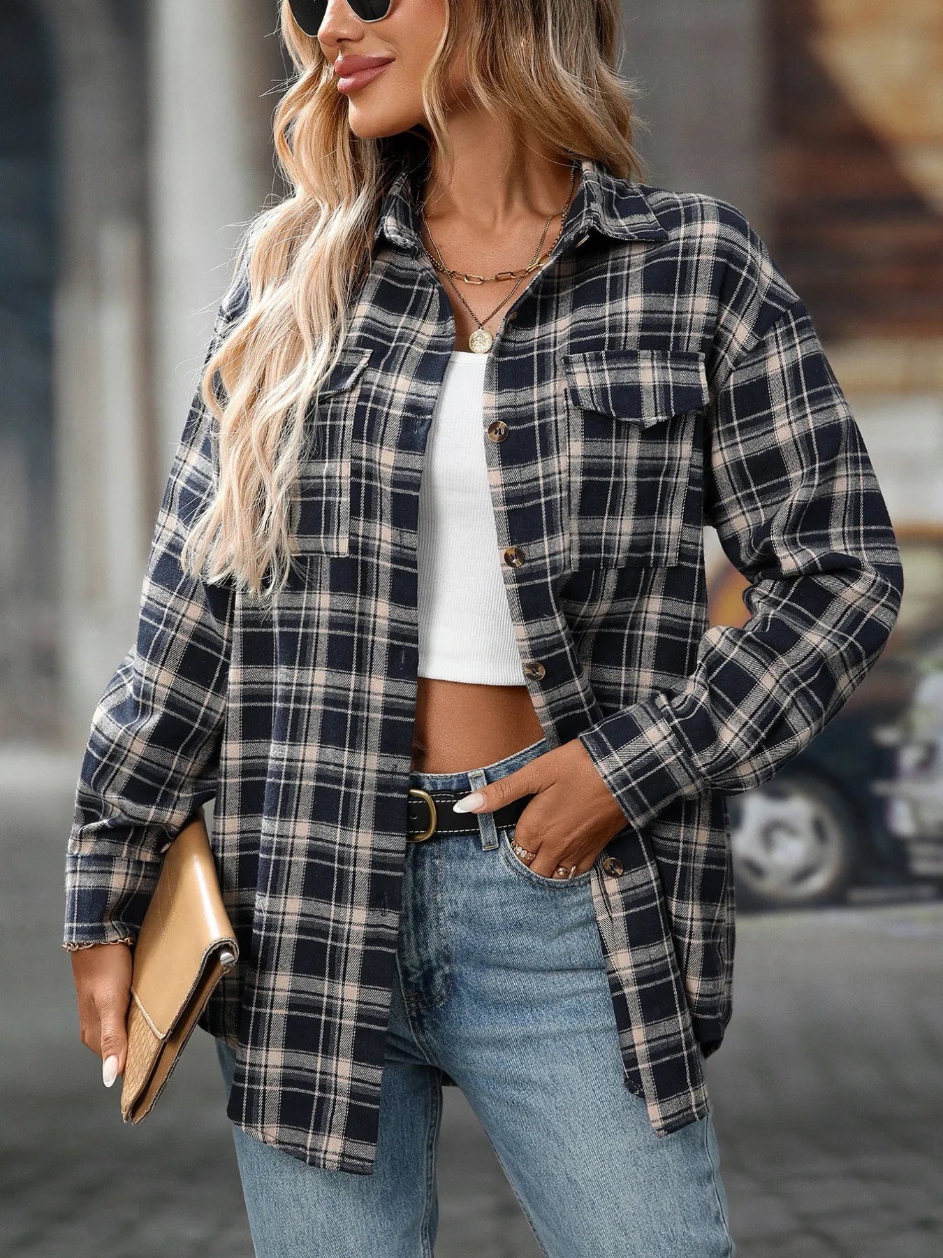 Plaid Button-Down Oversized Shirt Trendsi