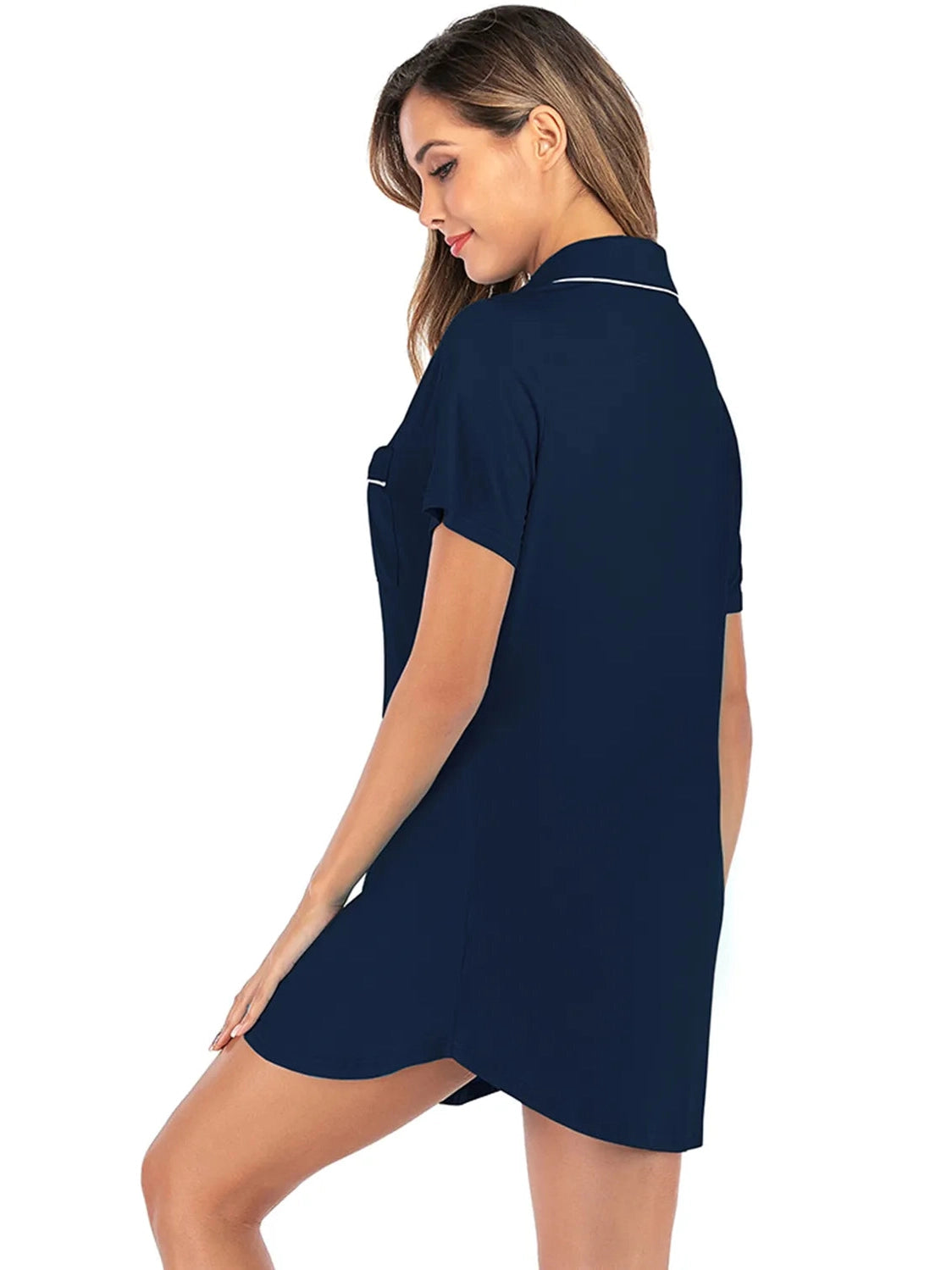 Contrast Piping Pocketed Short Sleeve Lounge Dress nicholesgifts
