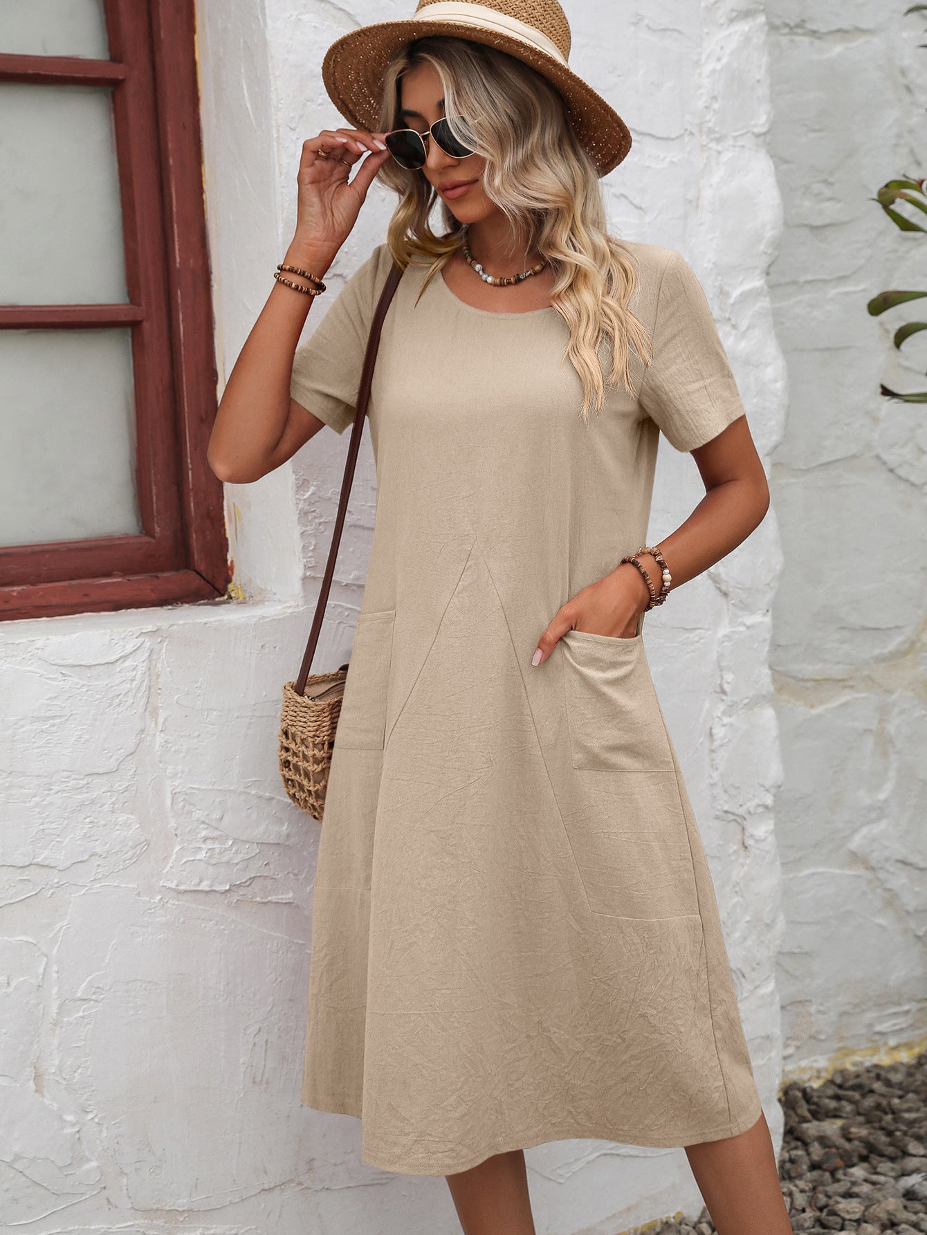 Ivy Lane Round Neck Short Sleeve Dress with Pockets Trendsi