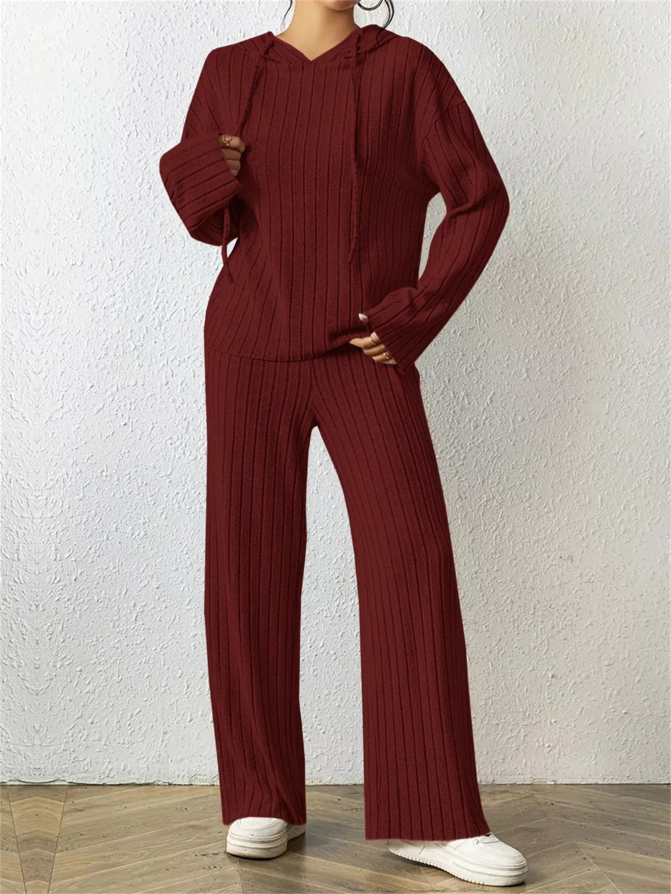 Ribbed Drawstring Hoodie and Pants Set Trendsi