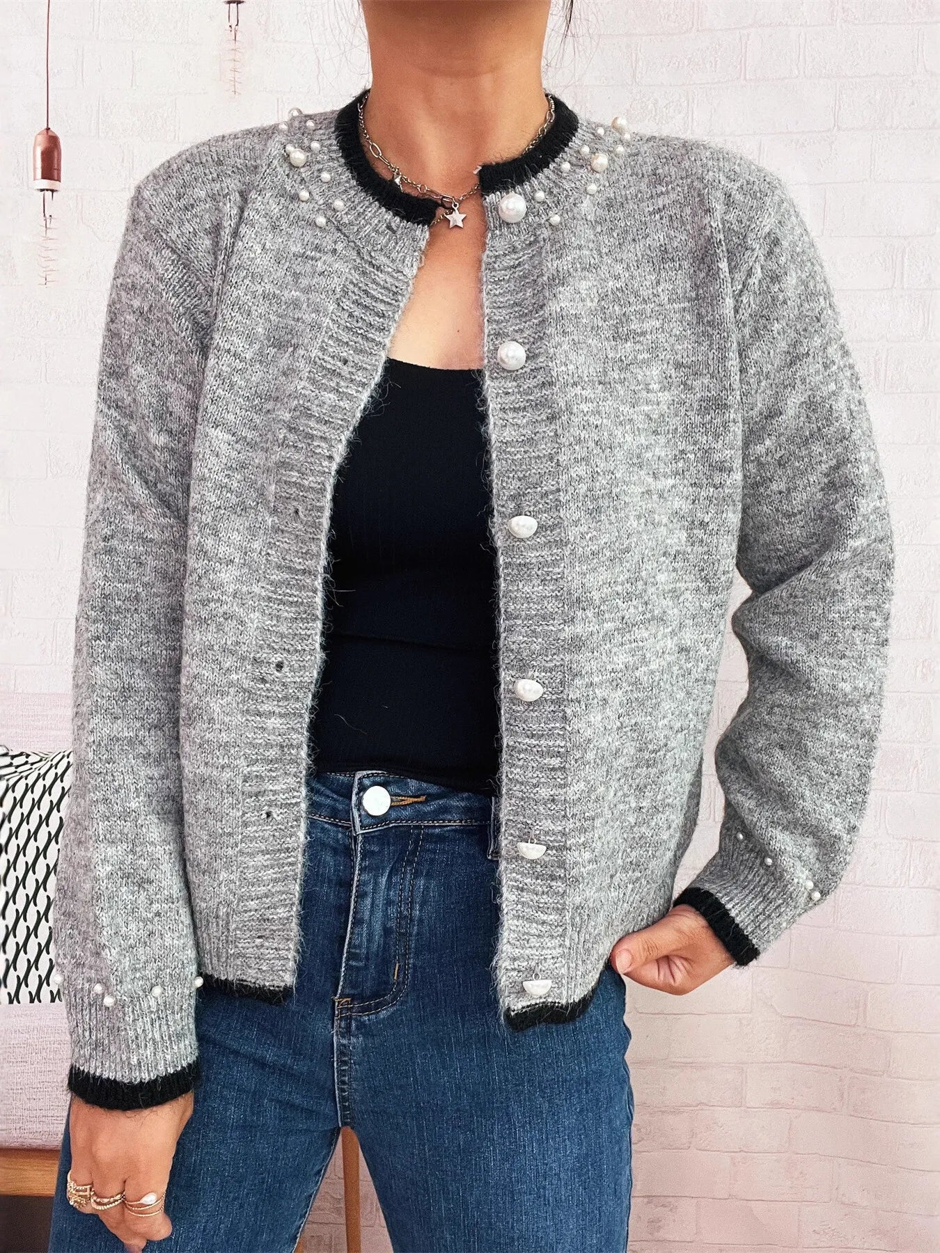 Pearl Embellished Button-Front Cardigan Trendsi