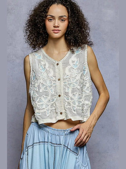 POL Button Down Floral Embroidery Cropped Crochet Vest Top nicholesgifts