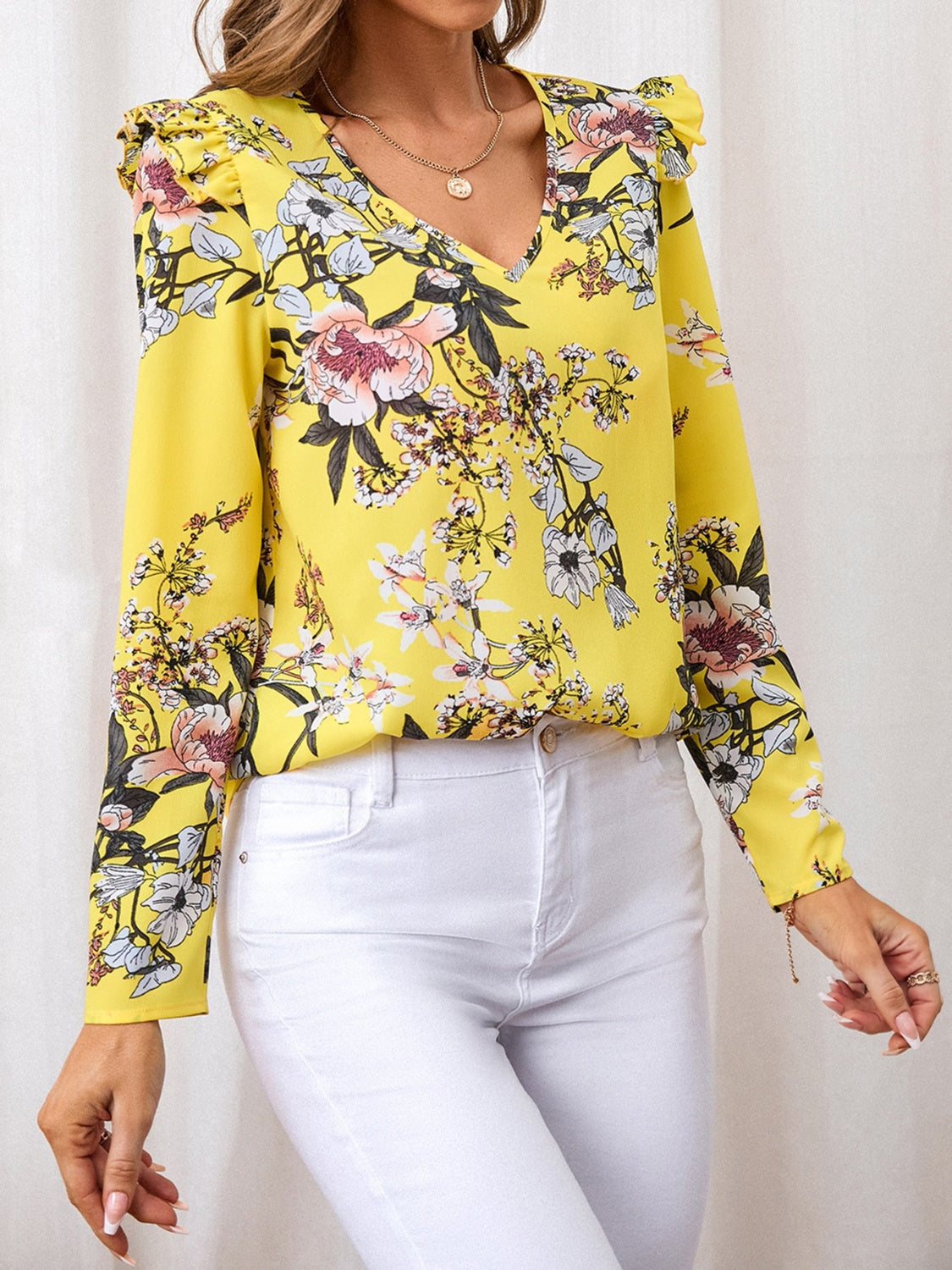 Women Ruffled Printed V-Neck Long Sleeve Blouse nicholesgifts