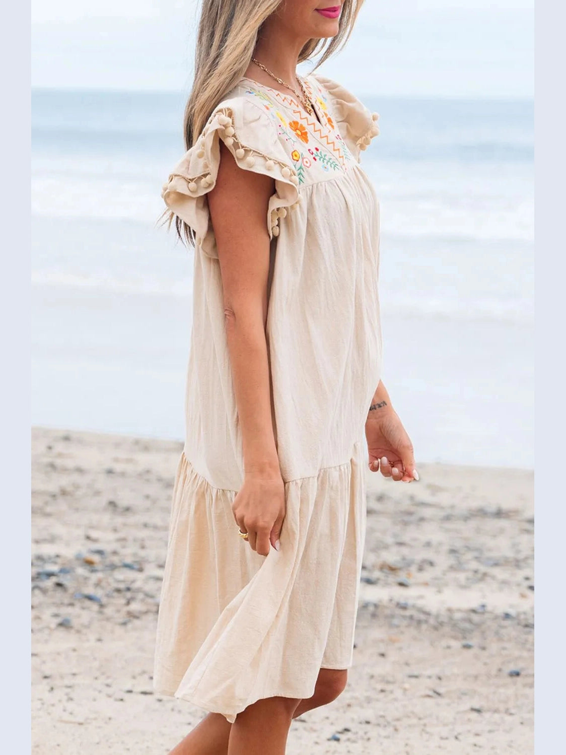 Floral Embroidery Pom Pom Ruffle Sleeves Mini Dress NicholesGifts