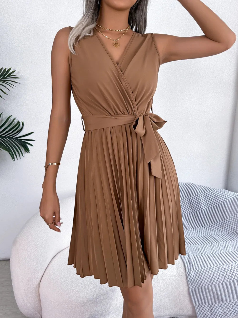 Tied Surplice Sleeveless Pleated Dress nicholesgifts