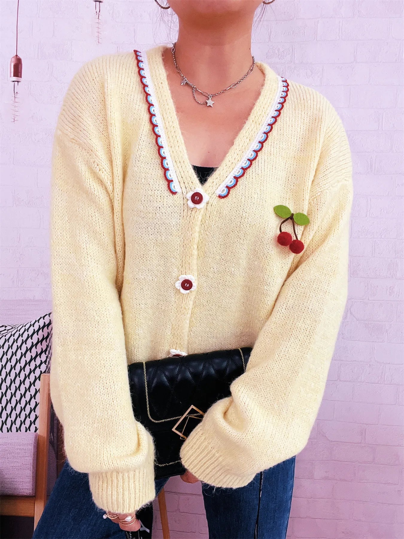 Cherry Button-Front Long Sleeve Cardigan