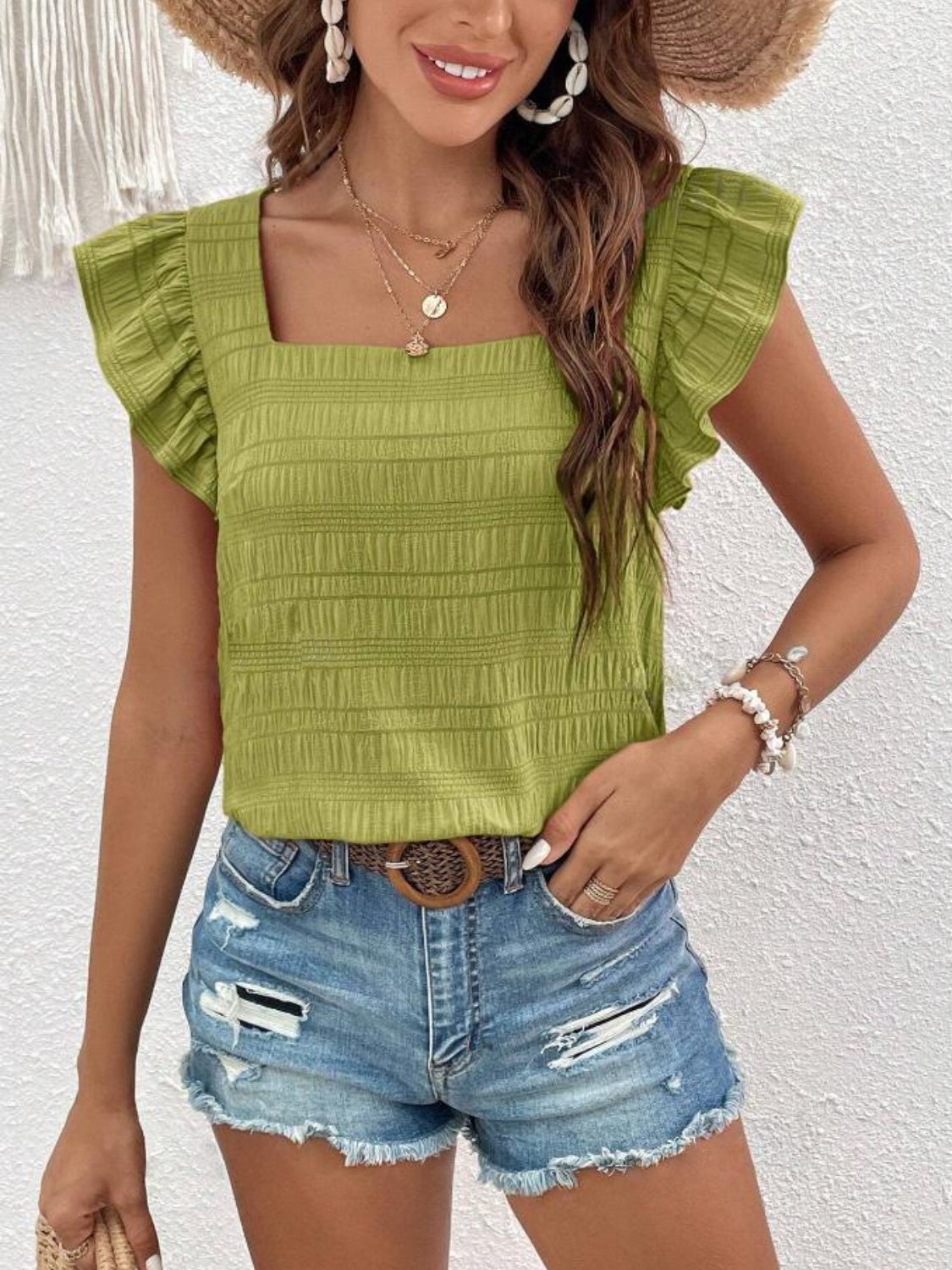 Ruffled Square Neck Cap Sleeve Blouse nicholesgifts