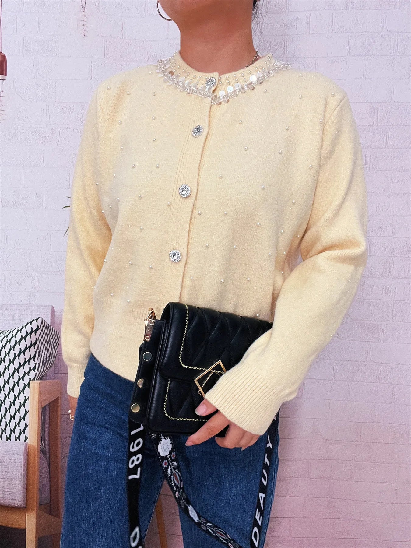 Pearl Detail Button-Front Cardigan NicholesGifts