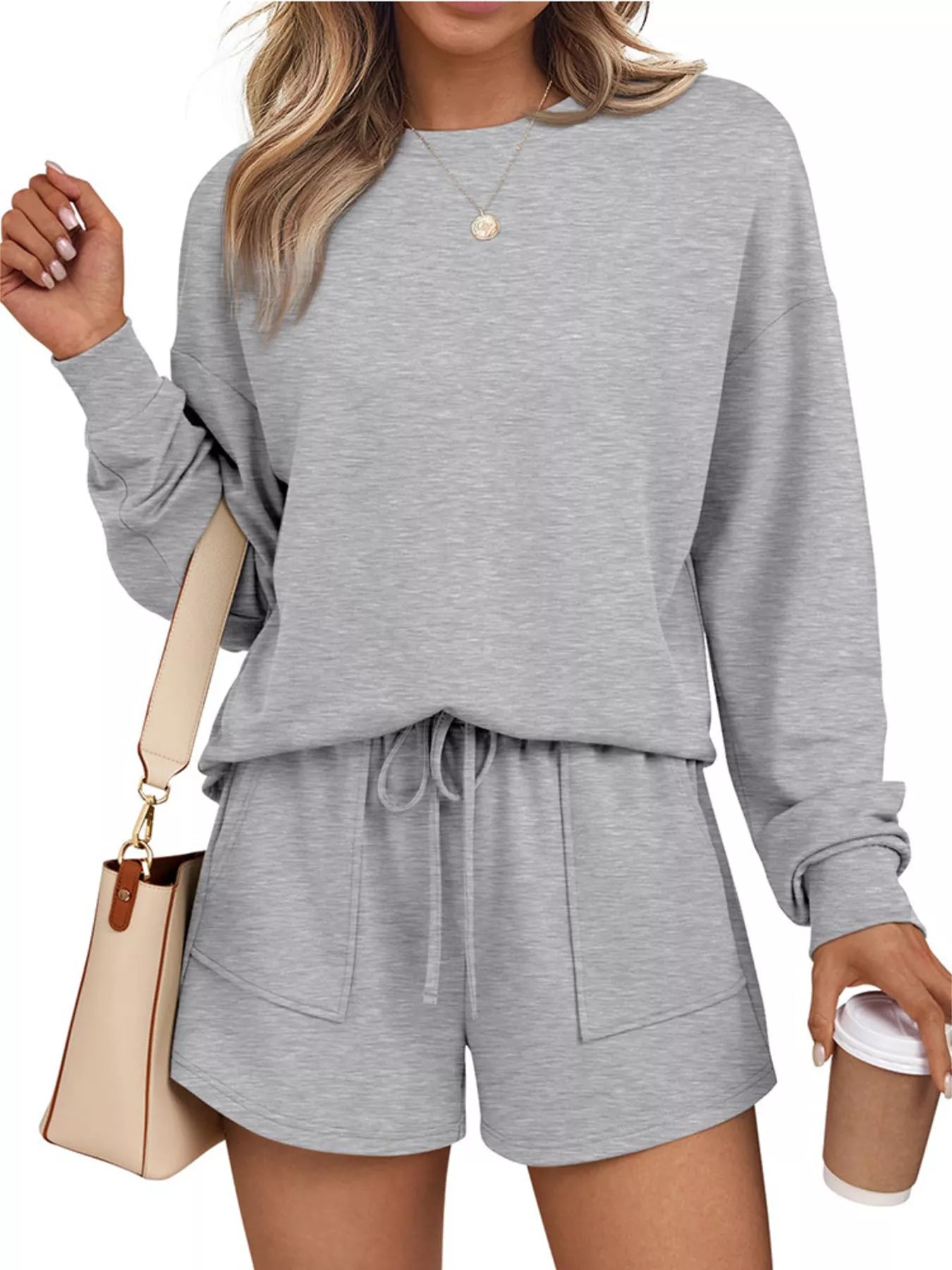 Round Neck Long Sleeve Top and Shorts Set Trendsi