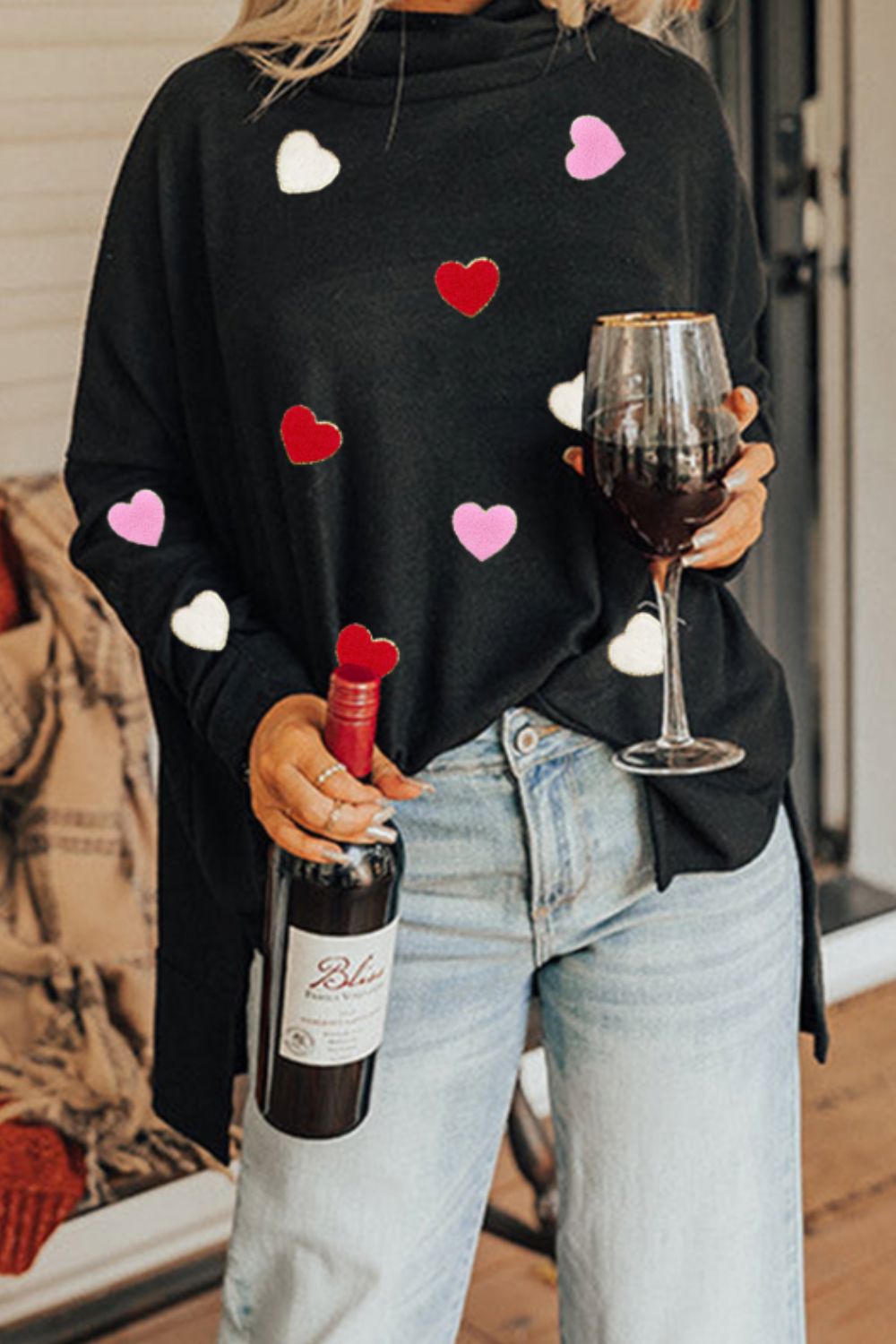 NicholesGifts Women Valentine’s Day Heart Patched Turtleneck Long Sleeve Top NicholesGifts