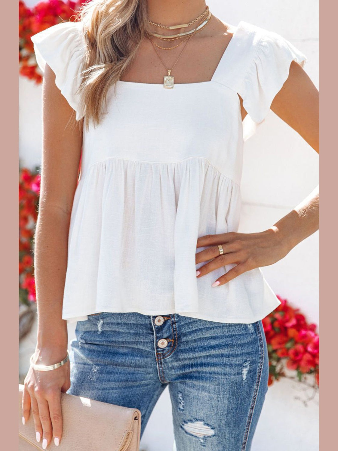 Full Size Ruffled Square Neck Cap Sleeve Blouse nicholesgifts