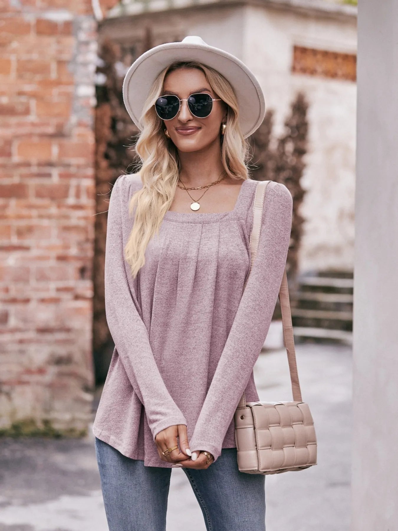 Square Neck Long Sleeve T-Shirt Trendsi