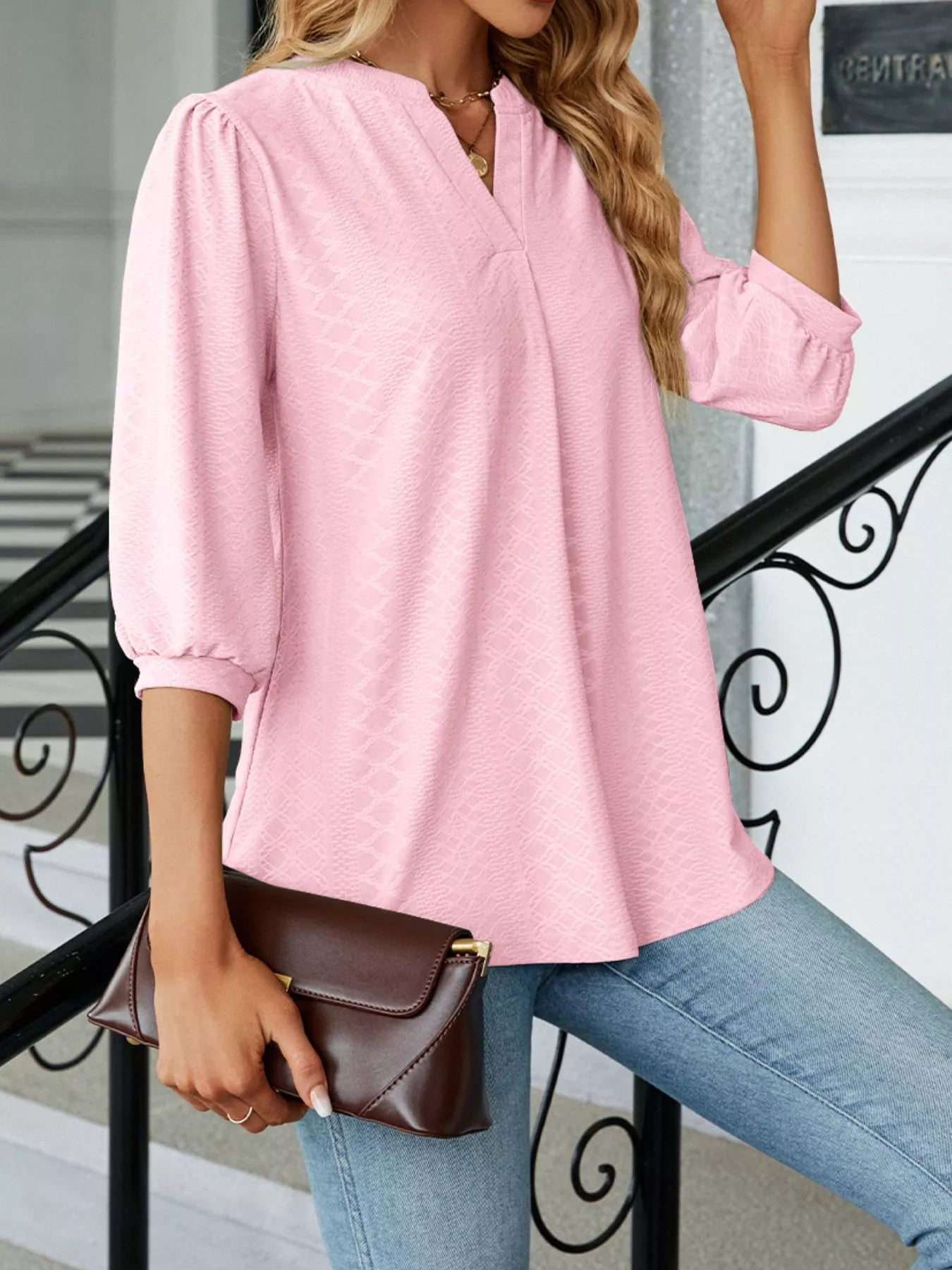 Notched 3/4 Sleeve Casual Top Trendsi