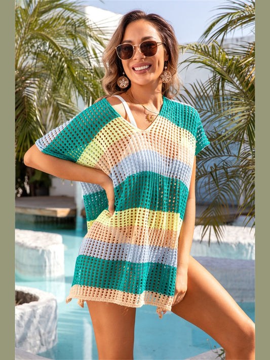 Openwork Striped V-Neck Short Sleeve Cover Up NicholesGifts