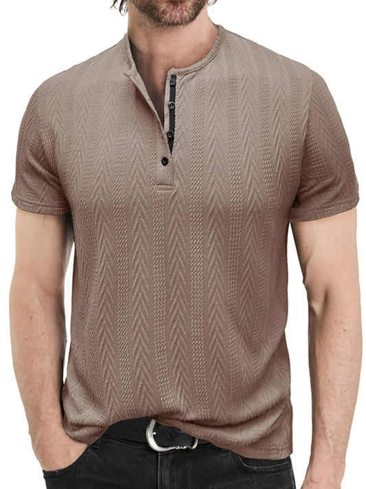 Men's Textured Chevron Pattern Henley Polo Short Sleeve Shirt