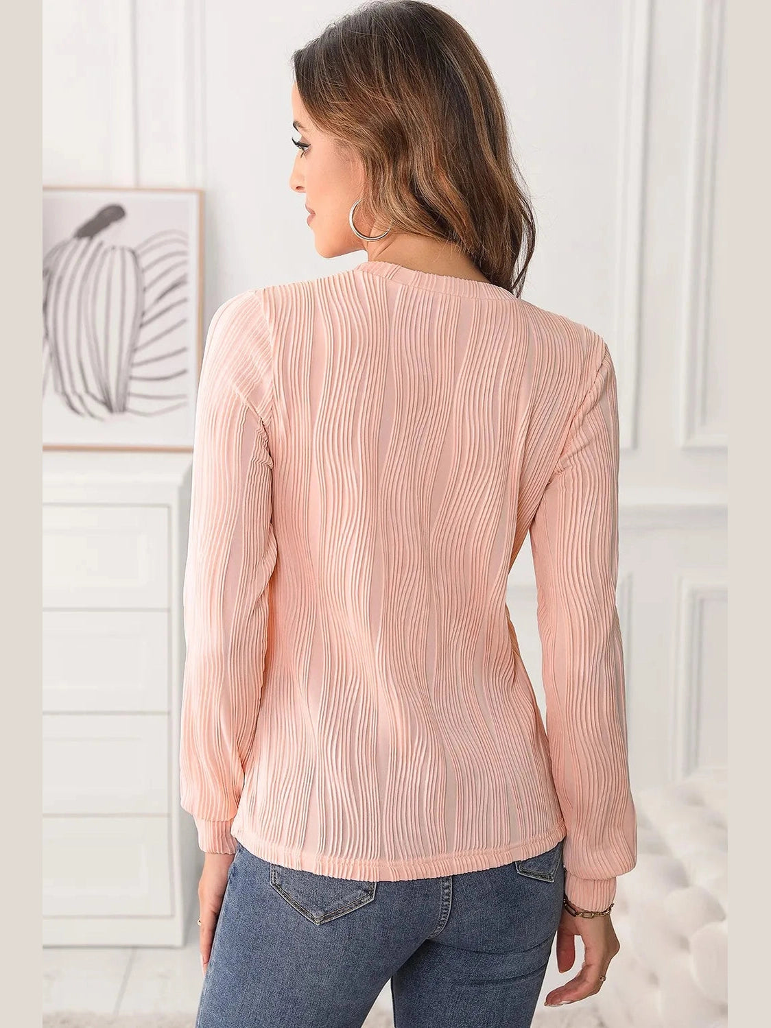 Textured Round Neck Long Sleeve Blouse NicholesGifts