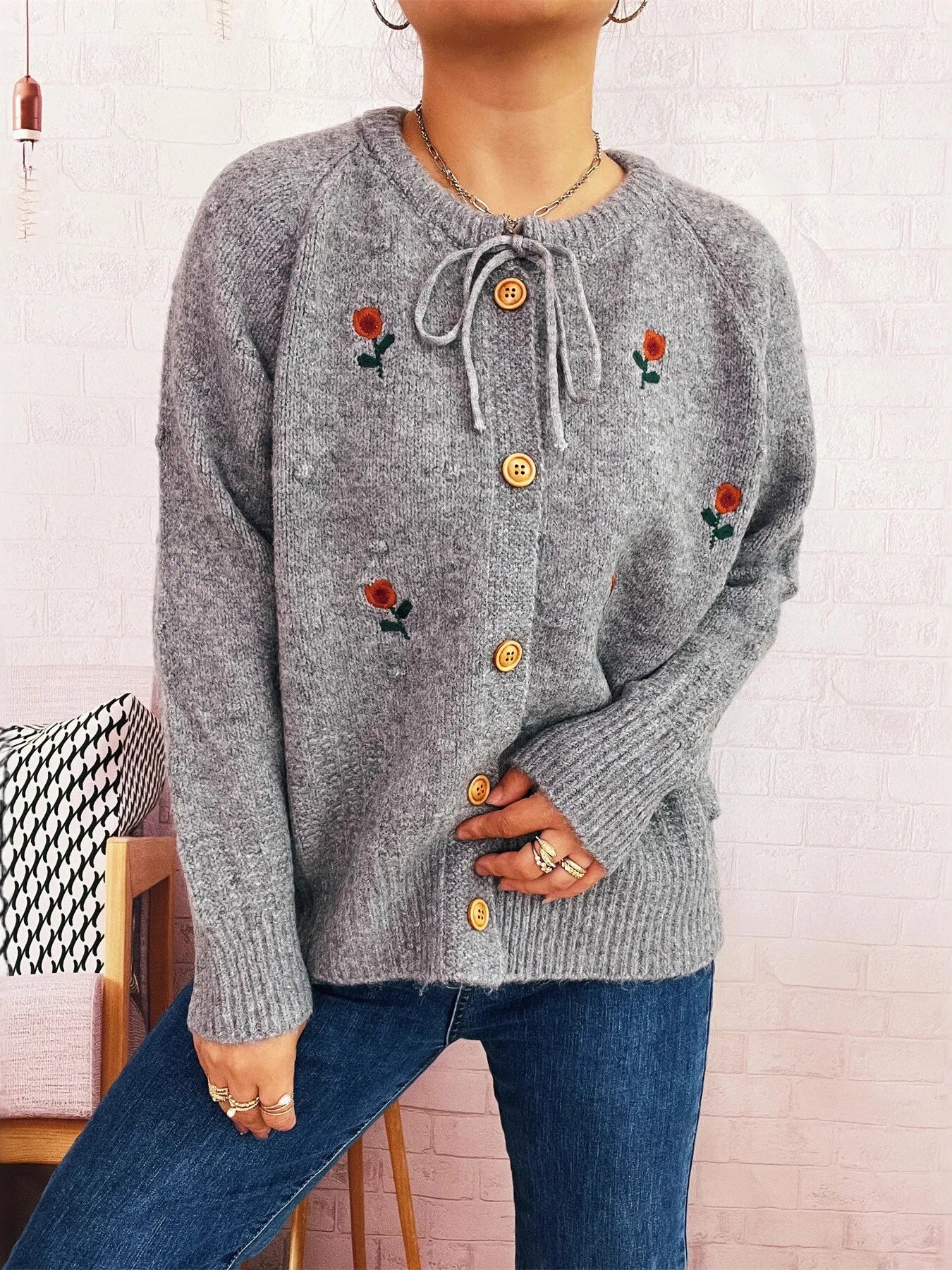 Rose Embroidered Button-Up Cardigan