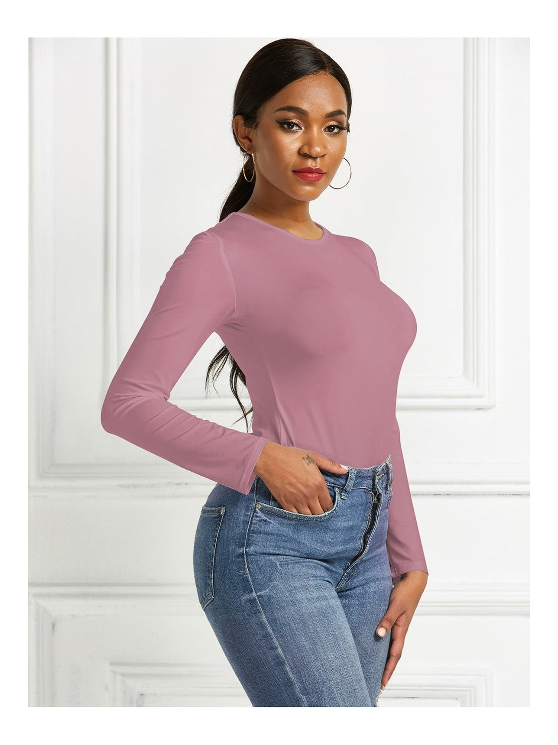 Women Round Neck Long Sleeve Bodysuit nicholesgifts