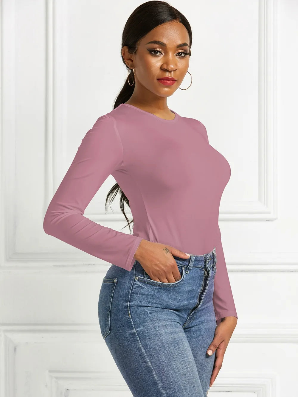 Round Neck Long Sleeve Bodysuit nicholesgifts