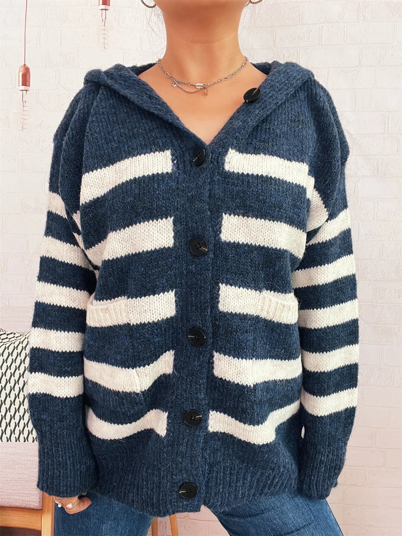 Striped Button-Up Hooded Cardigan