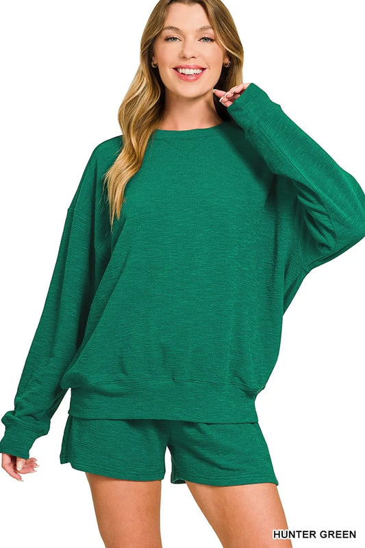 Zenana Slub Long Sleeve Top and Shorts Set Trendsi