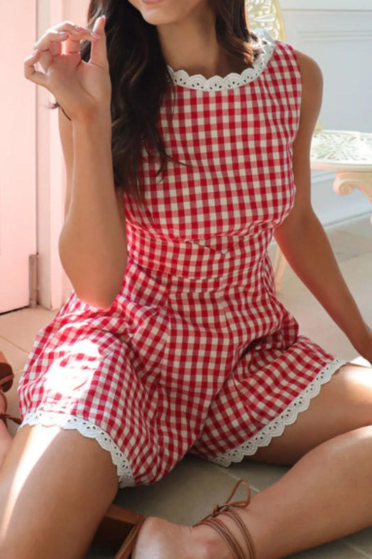 Lace Detail Plaid Sleeveless Romper Trendsi