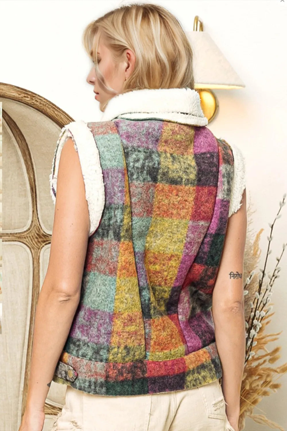 Double Take Full Size Snap Down Plaid Fleece Vest Coat with Pockets Trendsi