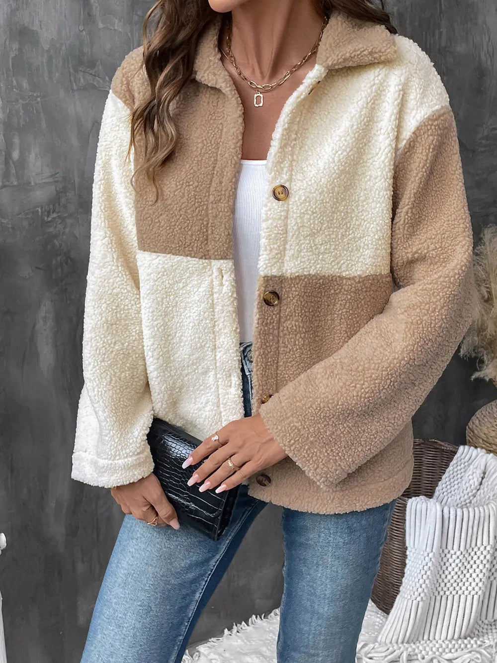 Perfee Color Block Collared Neck Long Sleeve Jacket Trendsi