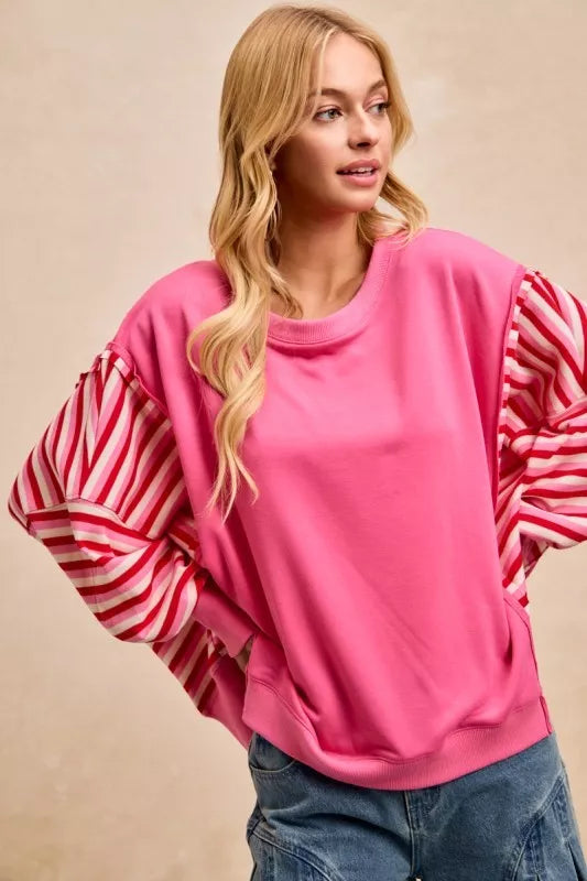 BiBi French Terry Stripe Combo Sweatshirt with Open Seam Trendsi