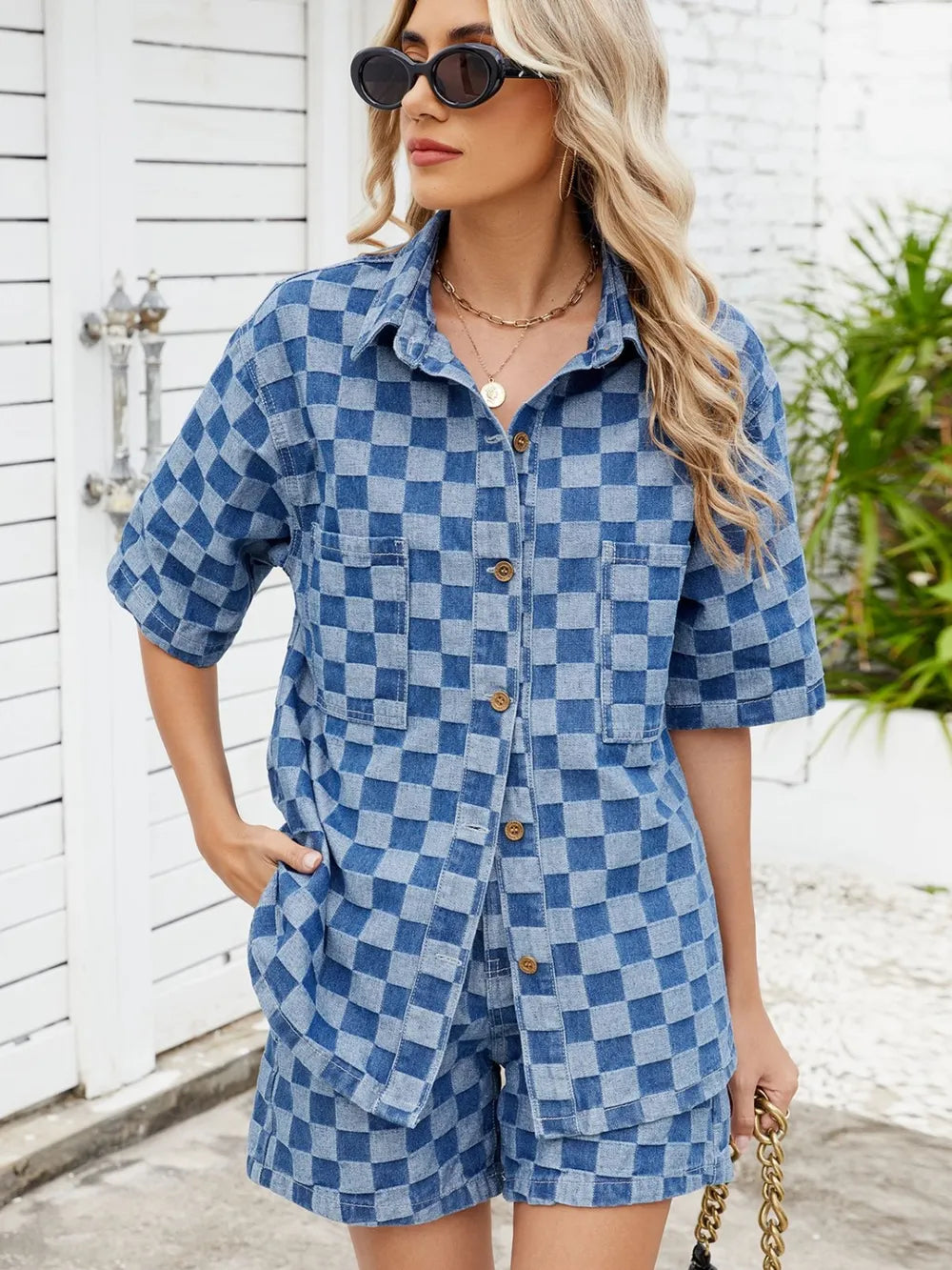 Checkered Shirt and Shorts Denim Set Trendsi