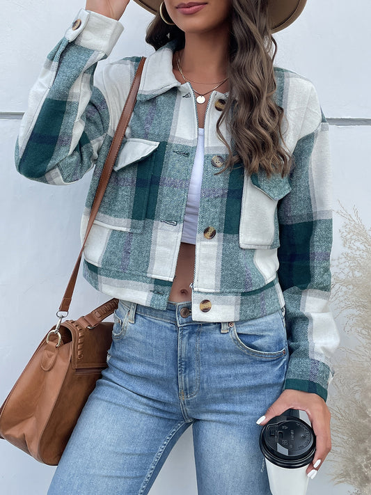 Perfee Plaid Button Up Drop Shoulder Cropped Jacket NicholesGifts