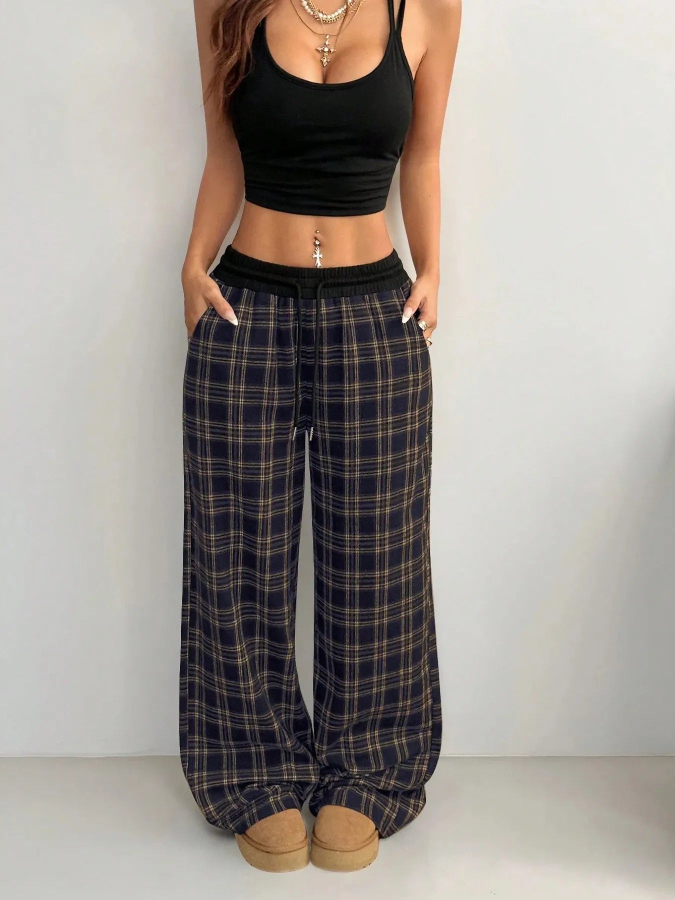 Plaid Wide Leg Pants with Drawstring Waist Trendsi