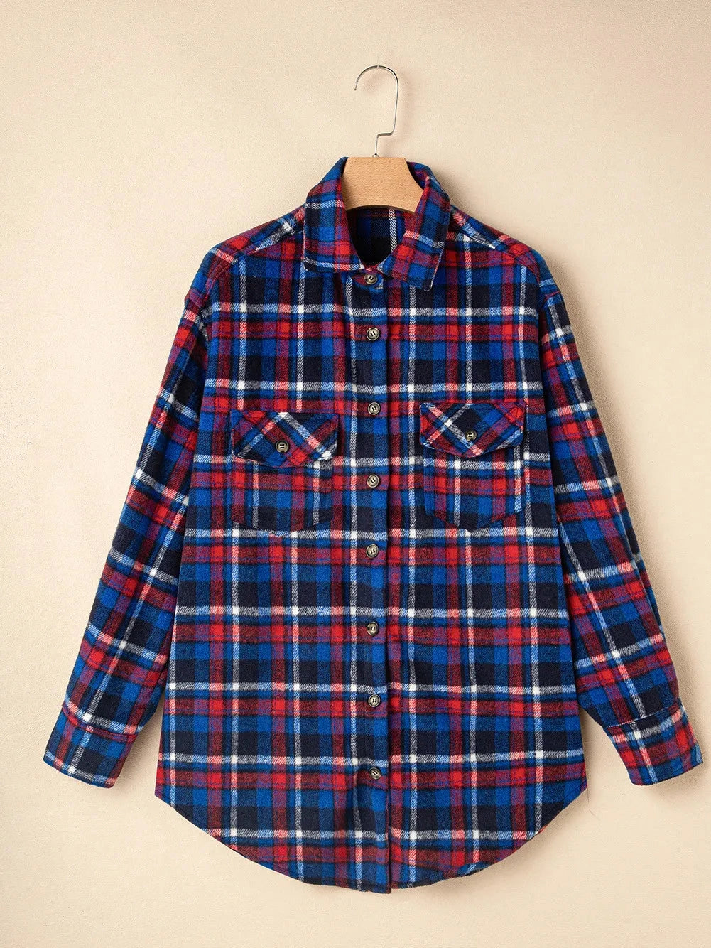 Pocketed Plaid Collared Neck Long Sleeve Shacket Trendsi